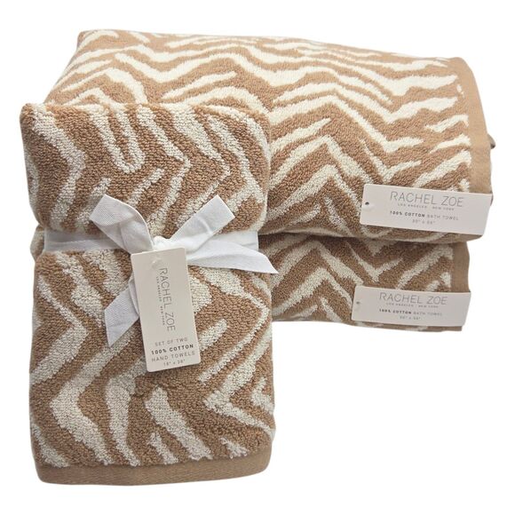Rachel Zoe 4pc Tan Beige Chevron Print Cotton Towel Set 2 Bath 2 Hand - Picture 7 of 7